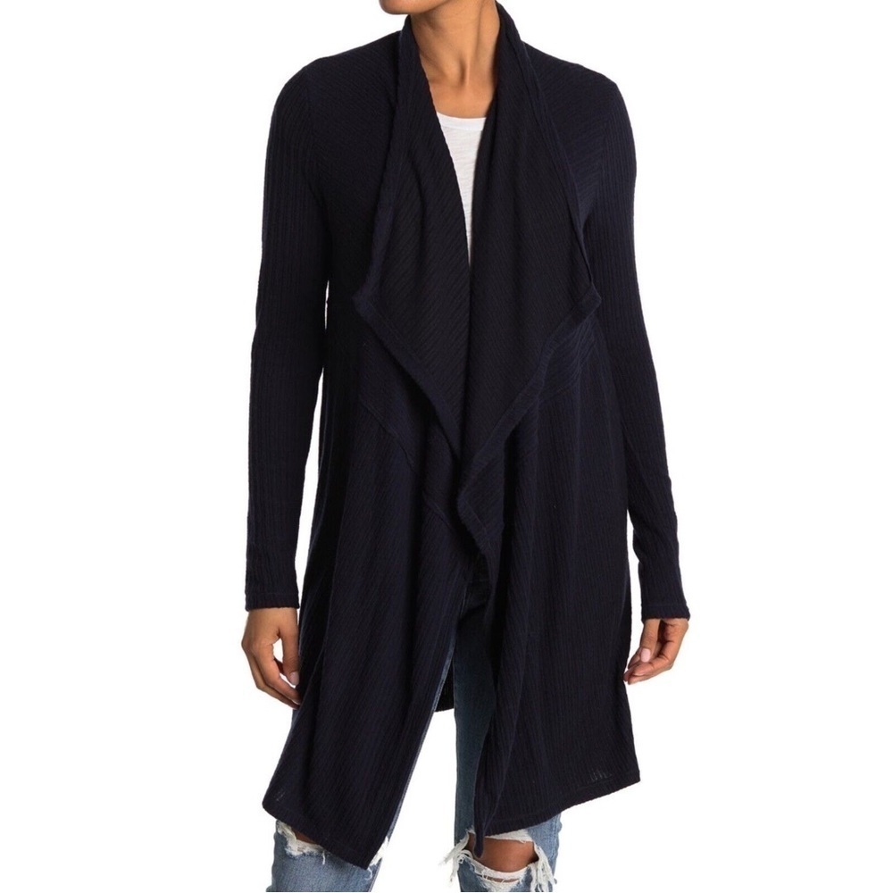 H By Bordeaux Mix Rib Cozy Waterfall Cardigan Black Soft Stretch Longline Small